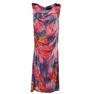 Anthropologie Womens Medium Strapless Mesh Ruched Floral Midi Dress Multicolor